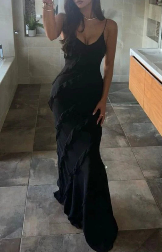 Vestidos largos de fiesta de noche de gasa con tirantes finos